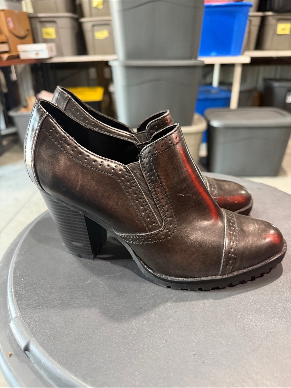 White Mountain Black Leather Ankle Booties with Stacked Heel